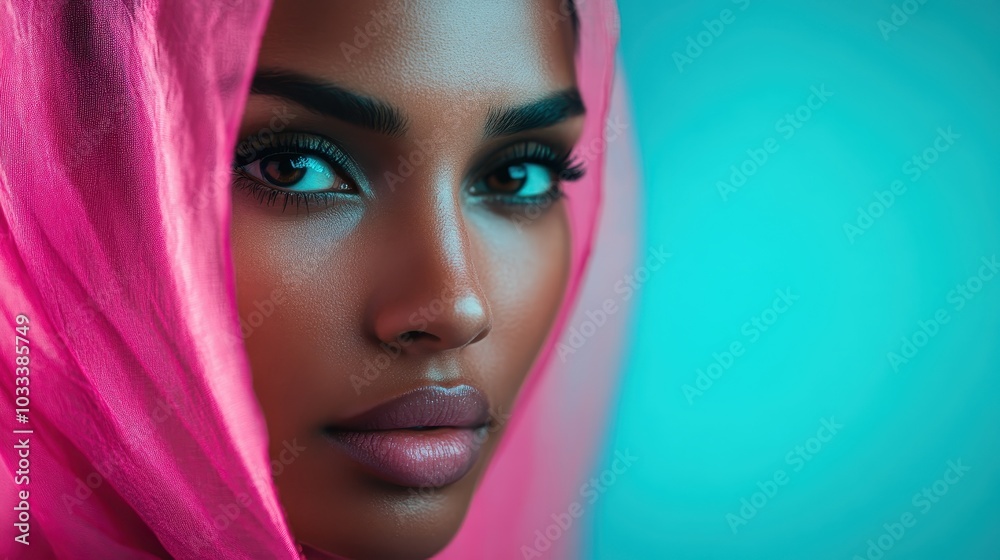 In this image, a woman in a pink scarf is shown in profile against a contrasting blue background, highlighting her features and creating a dynamic color interplay. In this image, a woman in a pink scarf is shown in profile against a contrasting blue background, highlighting her features and creating a dynamic color interplay.