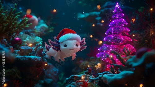 Axolotls wearing tiny Santa hats swim through a festive underwater world with glowing coral reefs decorated like Christmas trees holiday scene 