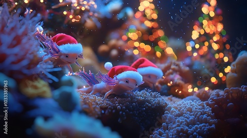 Axolotls wearing tiny Santa hats swim through a festive underwater world with glowing coral reefs decorated like Christmas trees holiday scene  photo