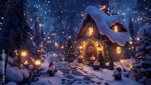 Christmas gnomes decorating a snowy woodland cottage filled with glowing lanterns festive trees and magical Christmas vibes all around 