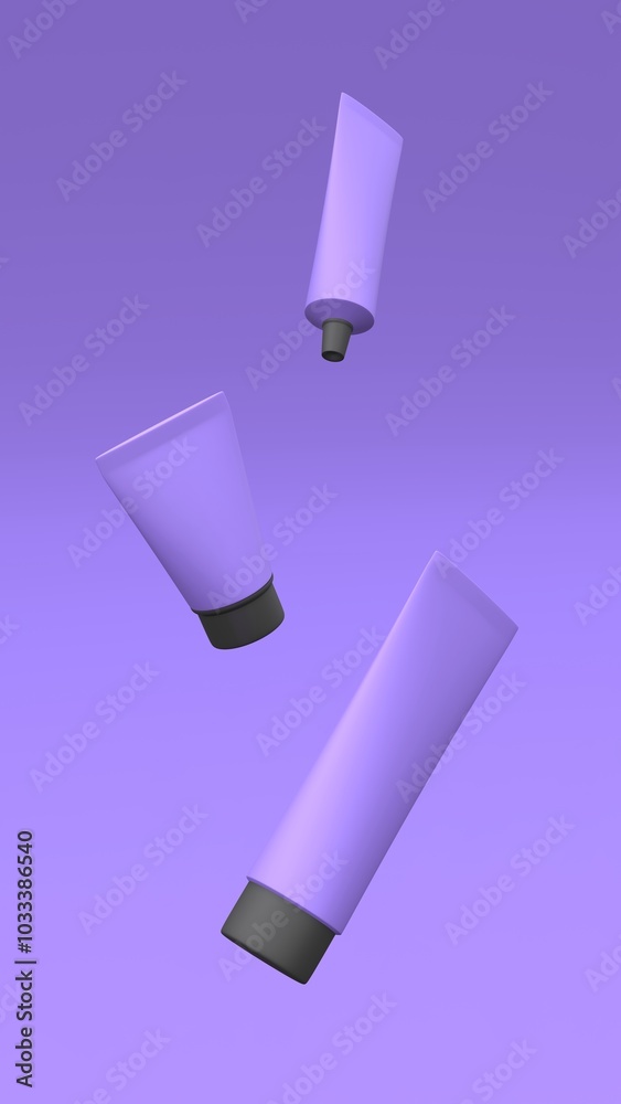 Plastic tubes mockup flying in the air on the purple background. Package design. 3d illustration.