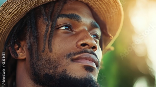 A close-up captures a man in a straw hat looking thoughtfully into the distance, surrounded by lush greenery, conveying a sense of calm and connection with nature. photo