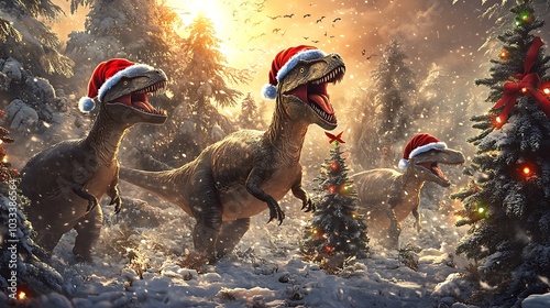 Dinosaurs wearing Santa hats surrounded by Christmas trees and festive lights in a snowy prehistoric landscape roaring joyfully 