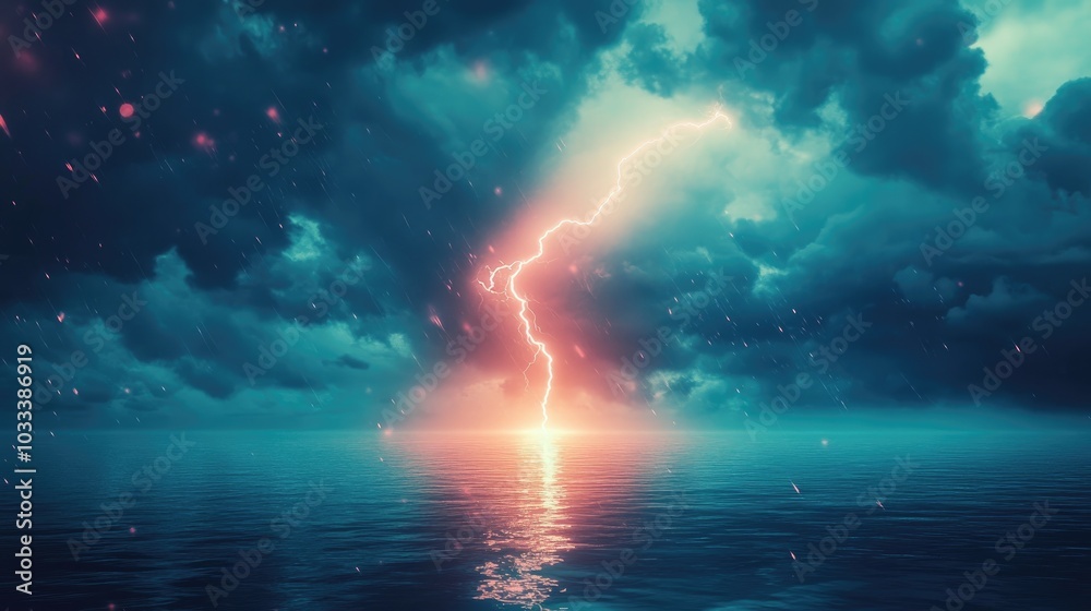 Obraz premium A powerful lightning bolt splitting the sky over a stormy sea, casting a dramatic glow across the water and sky