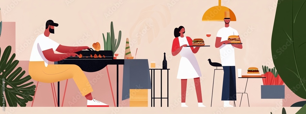 Friends enjoying a summer barbecue while grilling burgers and serving drinks in a cozy outdoor setting