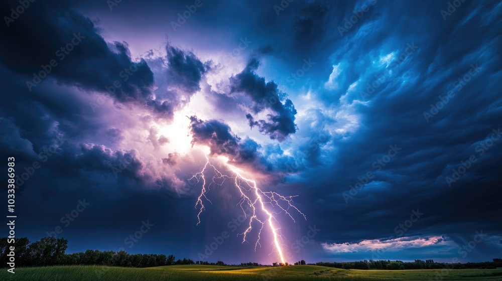 A powerful lightning bolt striking the ground in a dark stormy sky, illuminating the clouds and landscape with intense, awe-inspiring energy A powerful lightning bolt striking the ground in a dark stormy sky, illuminating the clouds and landscape with intense, awe-inspiring energy
