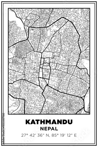 Black and white printable Street map art Kathmandu city, Nepal. Travel poster with coordinates, poster design, Modern Poster Wall Art Home Decor Ready to Printable