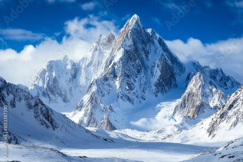 A majestic snow-capped mountain peak rises above a vast, snow-covered valley. The sky is a clear blue with white clouds.