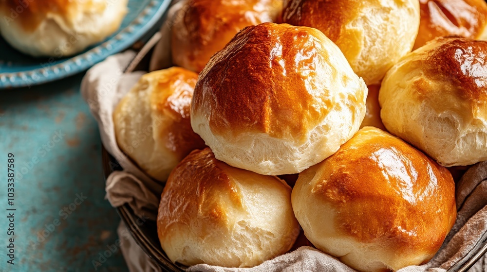 A basket brimming with shiny, golden bread rolls rests on a rustic table, radiating delicious aroma and fulfilling the comforting, inviting bakery experience. A basket brimming with shiny, golden bread rolls rests on a rustic table, radiating delicious aroma and fulfilling the comforting, inviting bakery experience.