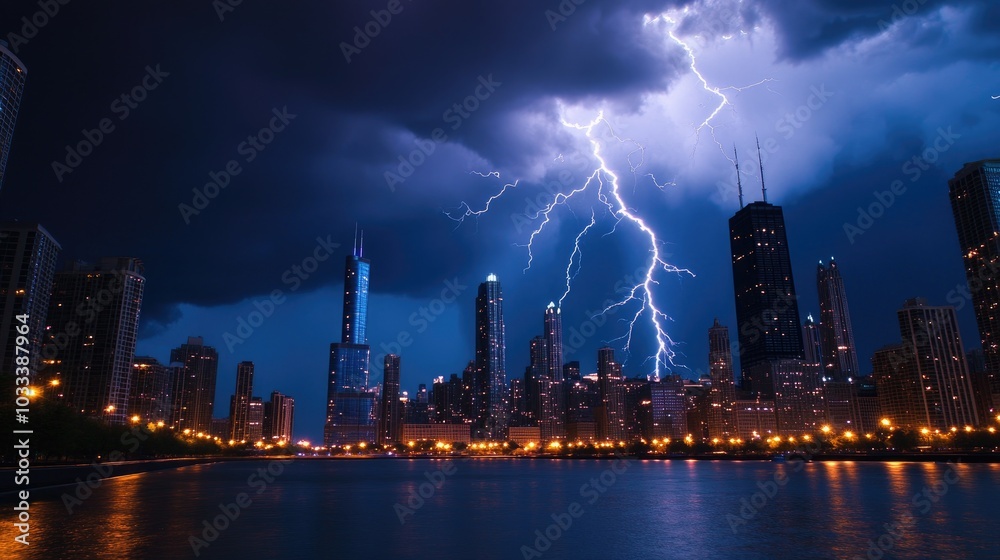 Multiple lightning bolts cutting through a stormy night sky over a city, lighting up the buildings and creating a majestic display