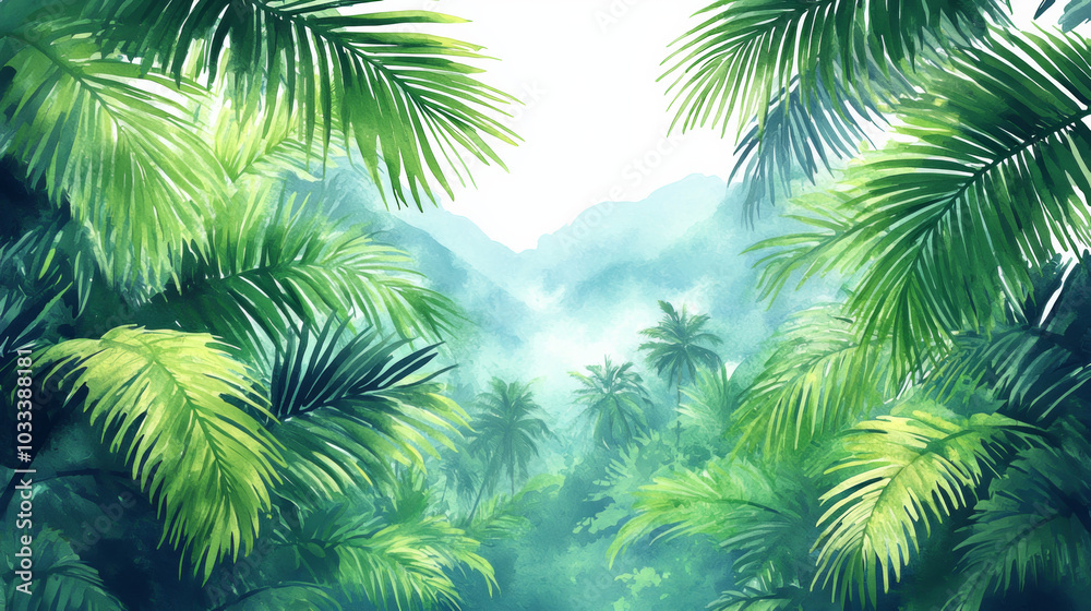 Vibrant Palm Leaves on Blue Background - Tropical Plants and Water Vibrant Palm Leaves on Blue Background - Tropical Plants and Water