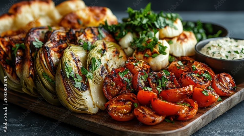 Delicious grilled artichokes paired with charred tomatoes and whole garlic, garnished with fresh herbs, creating a visually pleasing and mouthwatering dish presentation.