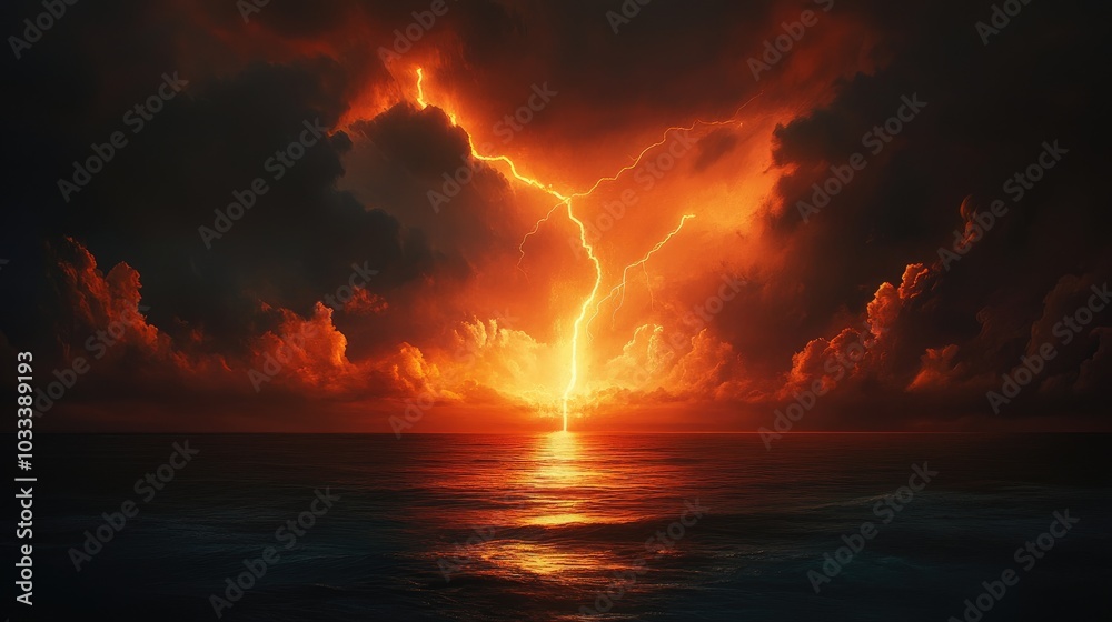 A powerful bolt of lightning strikes the ocean, casting a bright glow across the water and sky, showcasing the fearsome beauty of nature A powerful bolt of lightning strikes the ocean, casting a bright glow across the water and sky, showcasing the fearsome beauty of nature