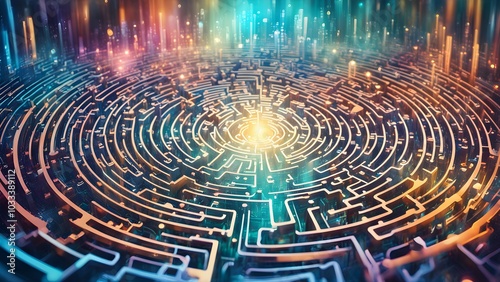 A vibrant, intricate maze illuminated by colorful lights, suggesting exploration and discovery.