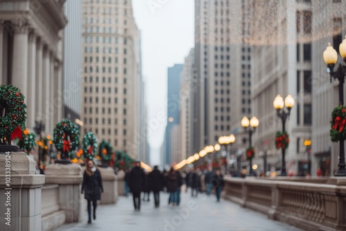Wallpaper Mural A festive urban stroll, Christmas wreaths adorn lampposts, blurring city backdrop Torontodigital.ca