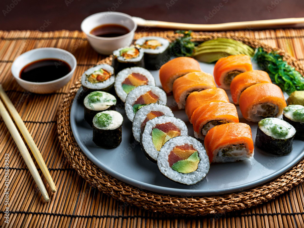 A bamboo mat featuring colorful sushi rolls and a pair of chopsticks, ai. A bamboo mat featuring colorful sushi rolls and a pair of chopsticks, ai.