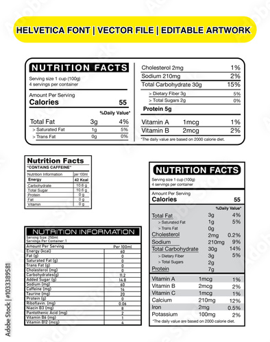 Nutrition facts template, Supplement facts template ,Nutrition list information showing daily values of calories. Nutrition Facts information for packaging

