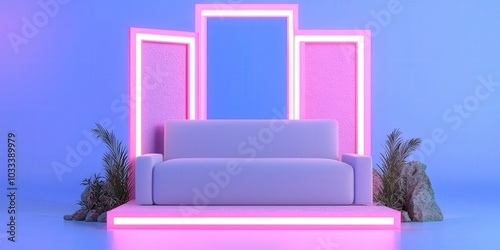 Minimalist Neon Sofa with Palm Plants and Pink Lighting for Interior Design photo