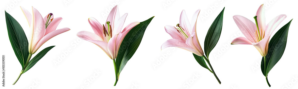 Lily with green leaf, pink lily flower bud isolated on transparent or white background Lily with green leaf, pink lily flower bud isolated on transparent or white background