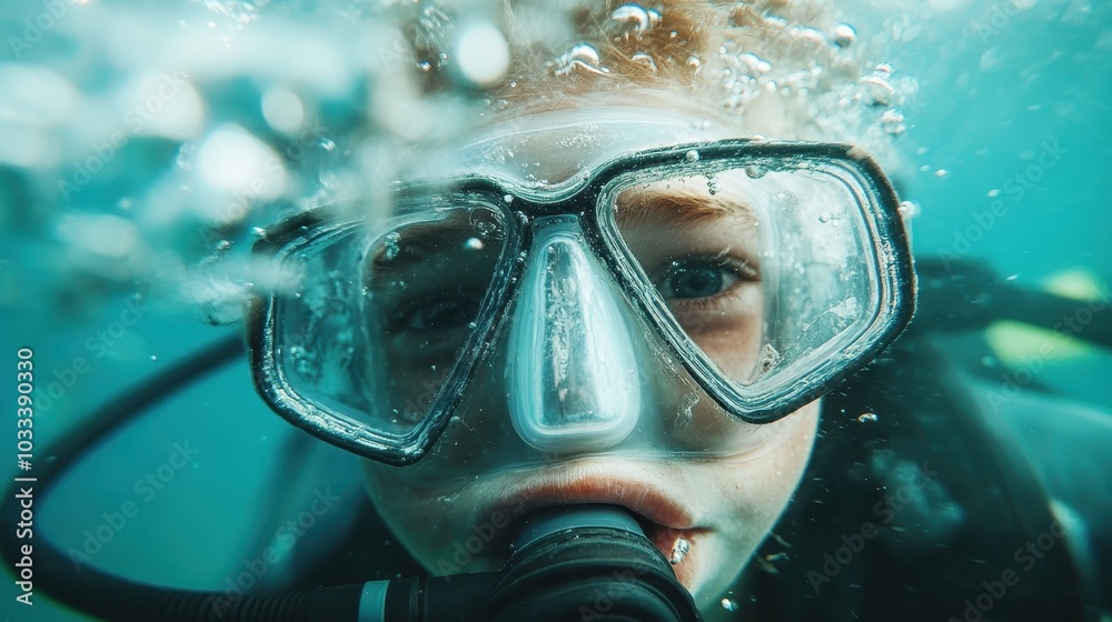A child wearing scuba diving gear and goggles is immersed underwater, with bubbles floating around, capturing the adventure and curiosity of underwater exploration. A child wearing scuba diving gear and goggles is immersed underwater, with bubbles floating around, capturing the adventure and curiosity of underwater exploration.