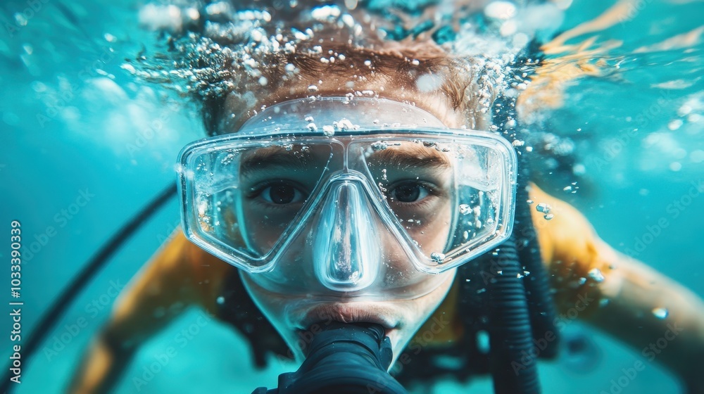 A young diver peers through large goggles while exploring underwater, surrounded by bubbles and exuding a sense of excitement and discovery in a vibrant aquatic world. A young diver peers through large goggles while exploring underwater, surrounded by bubbles and exuding a sense of excitement and discovery in a vibrant aquatic world.