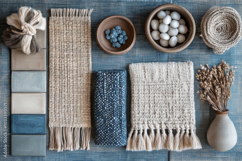 Fototapeta premium Creative flat lay composition with textile and paint samples, panels and cement tiles. Stylish interior designer moodboard. Blue, beige and brown color palette. Copy space, Generative AI