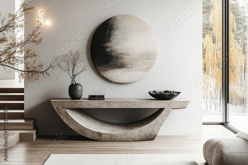 Modern console table with artistic decor elements, creating a balanced and aesthetically pleasing interior. Boho home decor, Generative AI photo