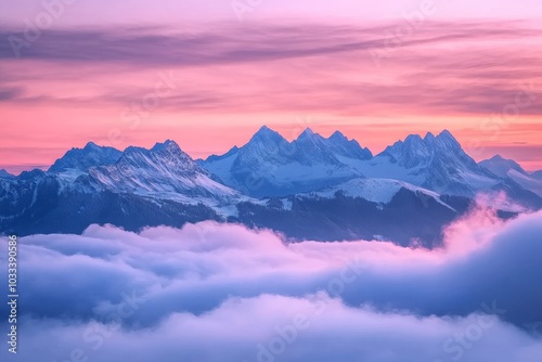 A panoramic view of a snow-capped mountain range at sunset, with clouds in the foreground.