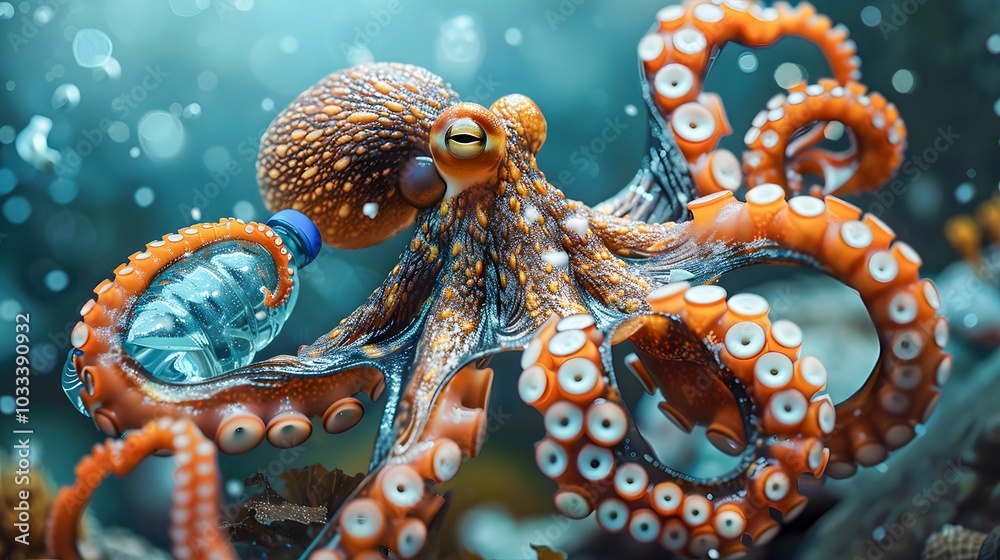 Obraz premium An octopus holding a plastic bottle