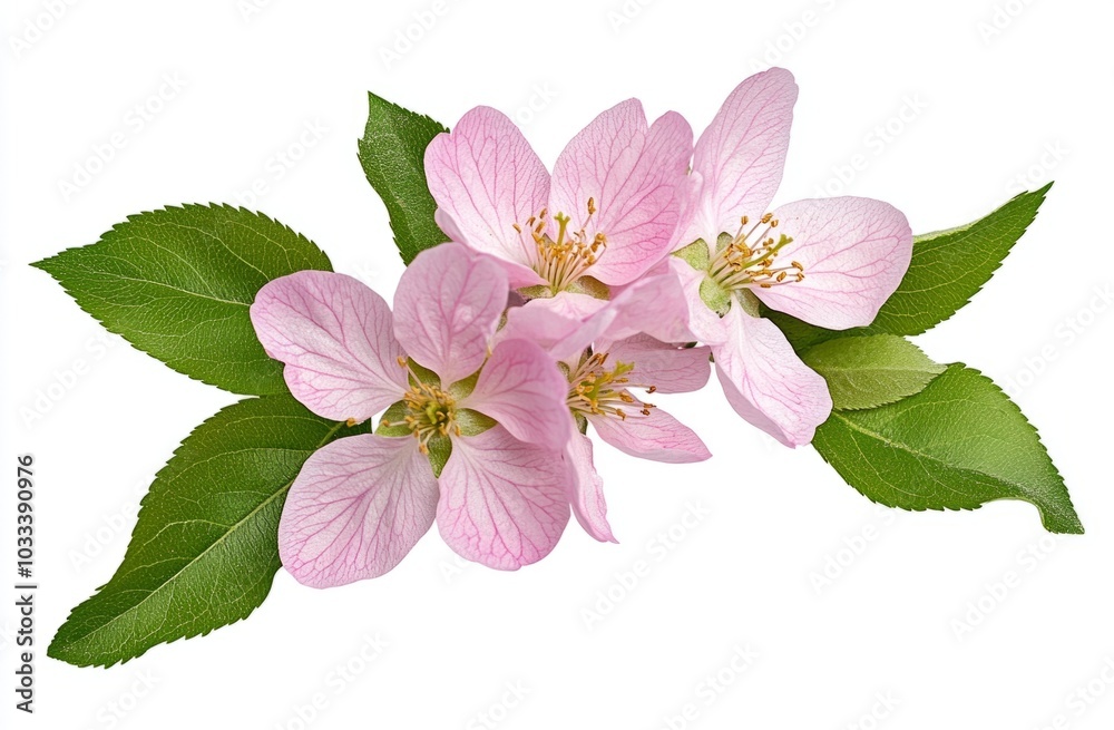 Pink flowers and green leaves of Malus floribunda (profusely flowering apple) in a spring floral arrangement isolated on white or transparent background Pink flowers and green leaves of Malus floribunda (profusely flowering apple) in a spring floral arrangement isolated on white or transparent background