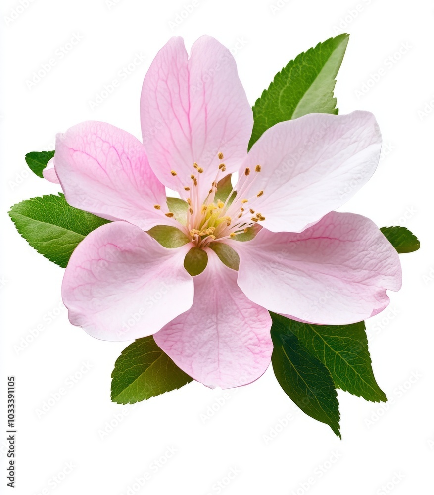 Set of spring arrangements with Pink flowers and green leaves of Malus floribunda (profusely flowering apple) isolated on white  or transparent background