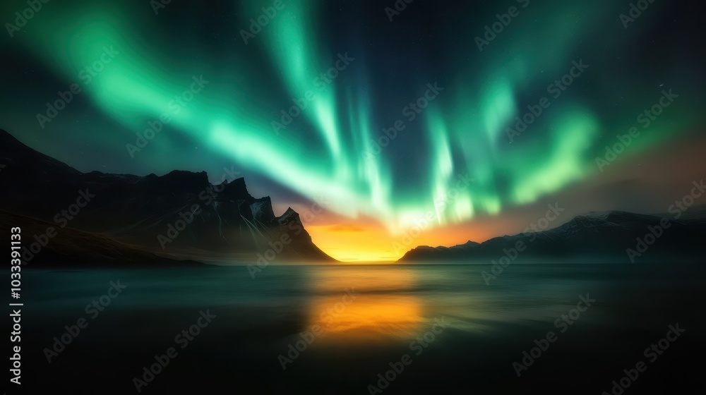 Stunning aurora borealis illuminates the night sky over rugged mountains and a reflective lake, capturing nature's vibrant colors and serene beauty at sunset.