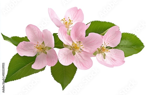 Pink flowers and green leaves of Malus floribunda (profusely flowering apple) in a spring floral arrangement isolated on white or transparent background