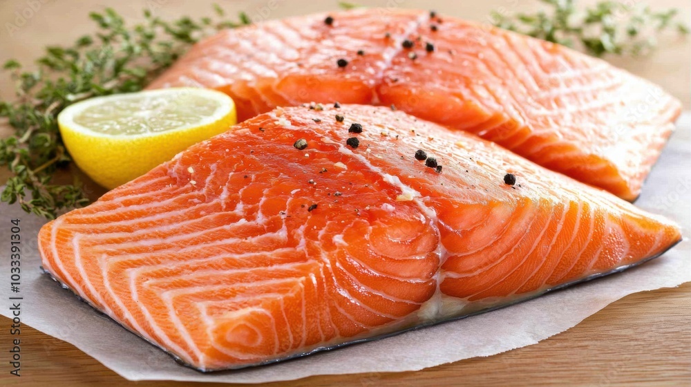 Fresh Salmon Fillet with Lemon and Herbs on Wooden Board Fresh Salmon Fillet with Lemon and Herbs on Wooden Board