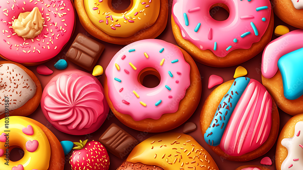 Colorful donuts and cakes create vibrant and delightful pattern, showcasing variety of textures and toppings that evoke sense of joy and indulgence Colorful donuts and cakes create vibrant and delightful pattern, showcasing variety of textures and toppings that evoke sense of joy and indulgence
