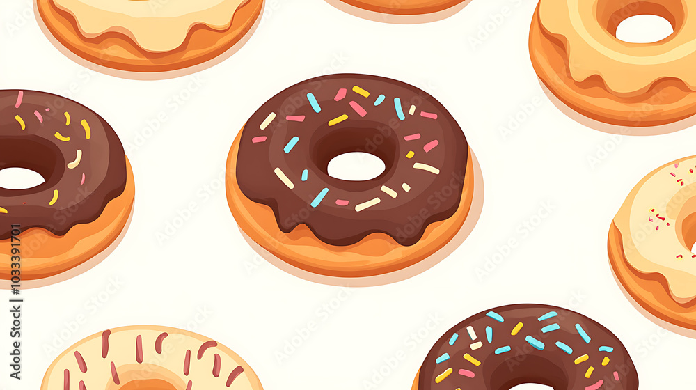Delightful seamless pattern featuring various donuts with vibrant colors and toppings, perfect for food lovers and dessert enthusiasts Delightful seamless pattern featuring various donuts with vibrant colors and toppings, perfect for food lovers and dessert enthusiasts