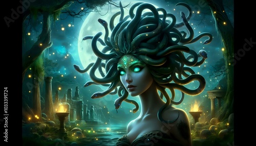 Medusa Under the Moonlight in an Enchanted Forest