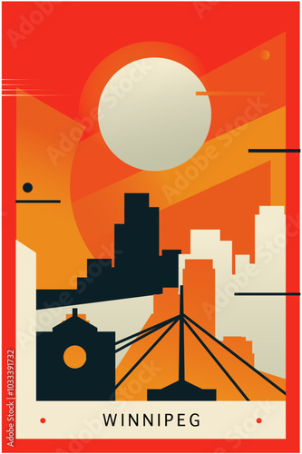 Winnipeg city brutalism poster with abstract skyline, cityscape retro vector illustration. Canada, Manitoba province travel guide cover, brochure, flyer, leaflet, business presentation template image