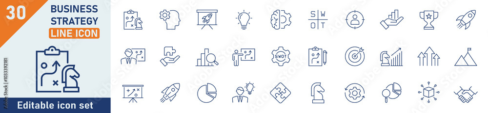 Business Strategy line icon set. Set of 30 outline icons related to strategy, startup, teamwork, people, plan, payment, management, target, employee, infographic and others. Vector illustration. Business Strategy line icon set. Set of 30 outline icons related to strategy, startup, teamwork, people, plan, payment, management, target, employee, infographic and others. Vector illustration.
