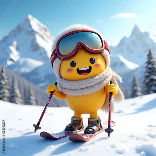 Smiling Yellow Emoji Character Skiing in Snowy Mountain Landscape