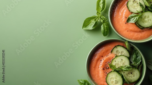 A top-down view showcases cucumber slices delicately placed atop tomato soup infused with herbs, offering a visually appealing and refreshing culinary presentation. photo