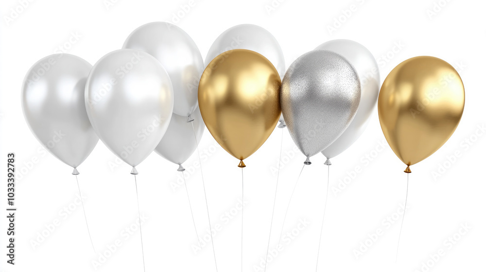 Cluster of white, silver, and gold balloons floating together, creating an elegant and festive atmosphere, perfect for celebrations and parties.