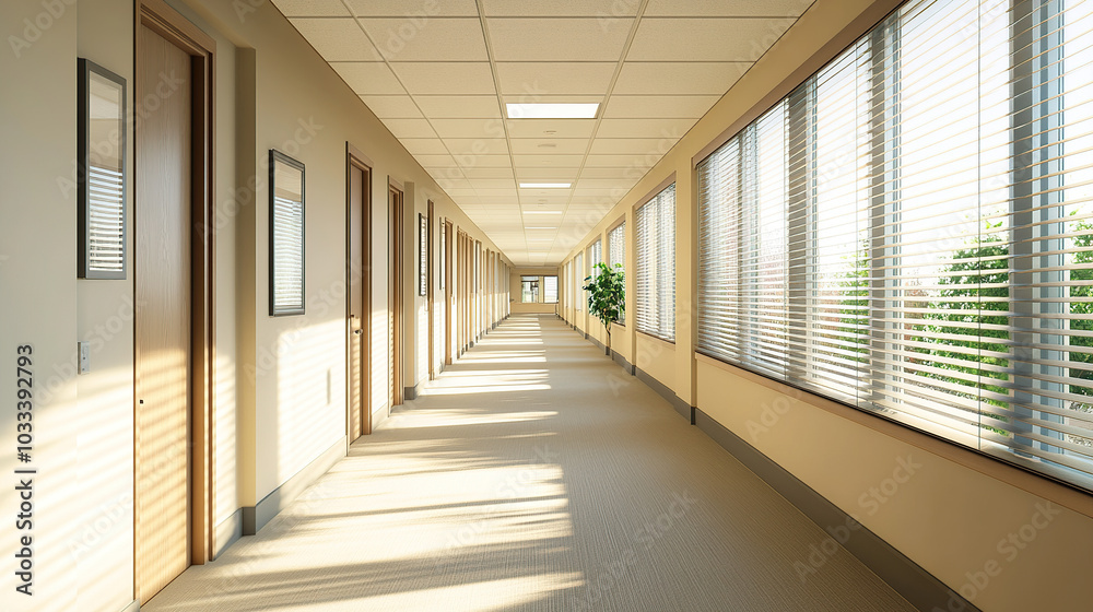 A long hallway in an office building with large windows and doors A long hallway in an office building with large windows and doors