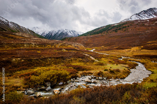 the autumn plateau of Yeshtykol in Altai, dusted with the first snow