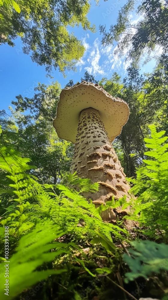 Fototapeta premium Majestic mushroom reaching towards blue sky in a lush forest environment