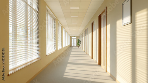 A long hallway in an office building with large windows and doors