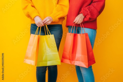 Closeup of two girl's hand holding purchase bags isolated on bright yellow background. concept of fashion, online shopping, salesperson, copy space ad, Sale offer, Black Friday, Shopping discount