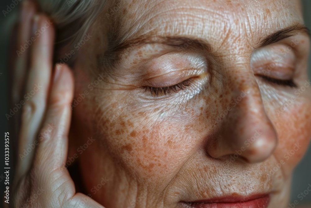 Close up portrait of a senior woman with wrinkles and freckles, showcasing the beauty of aging Close up portrait of a senior woman with wrinkles and freckles, showcasing the beauty of aging