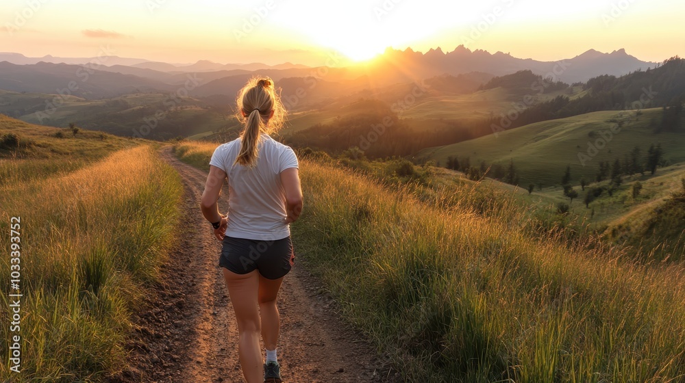 A woman jogs along a dirt path through a picturesque mountainous landscape at sunset, embracing the beauty of nature and the serenity of the moment.