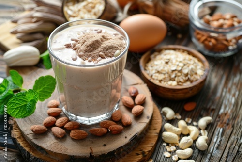 Protein shake with ingredients such as nuts, oat flakes, protein powder and an egg, laying on a rustic wooden table